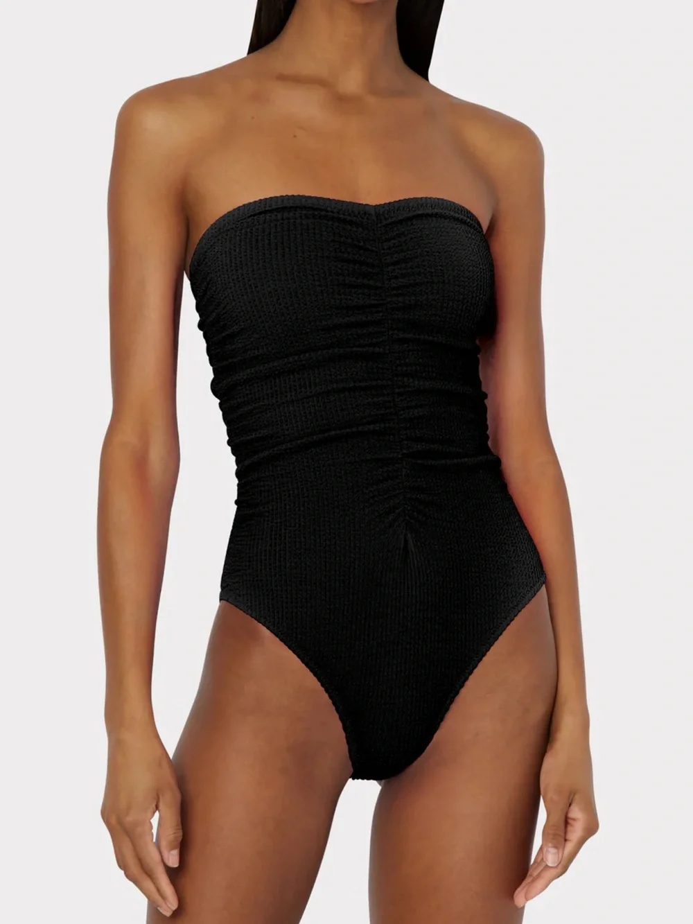 Milly Strapless Textured Ruched Black One-Piece Swimsuit